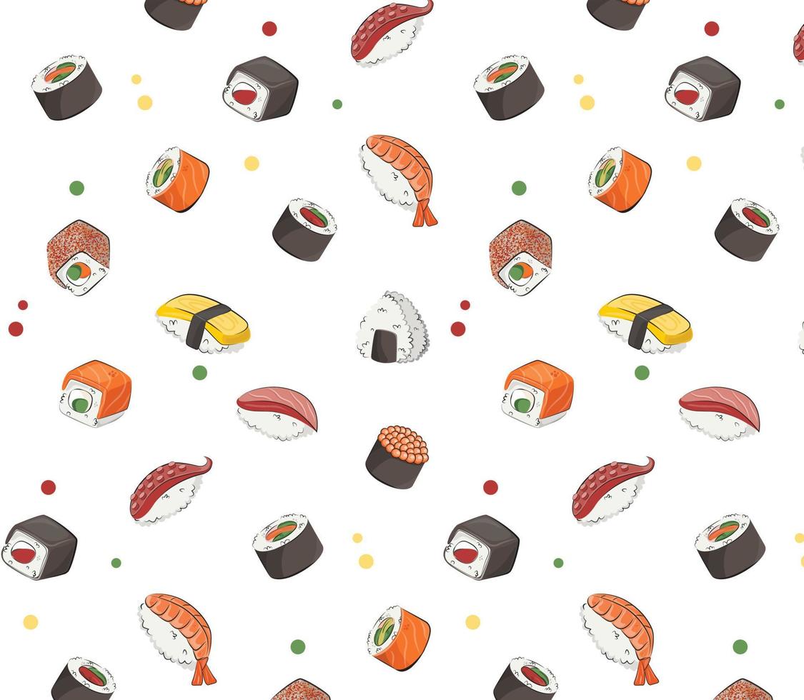 japansk mat, mat. vektor mönster platt illustration isolerad på vit bakgrund. sushi rullar onigiri sojasås set seamless mönster. lagerbild. för restaurangmenyer och affischer. leverans