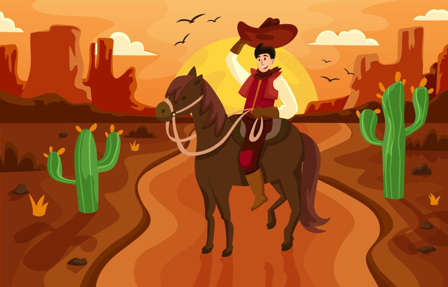 cowboy som rider på en häst i öknen vektor