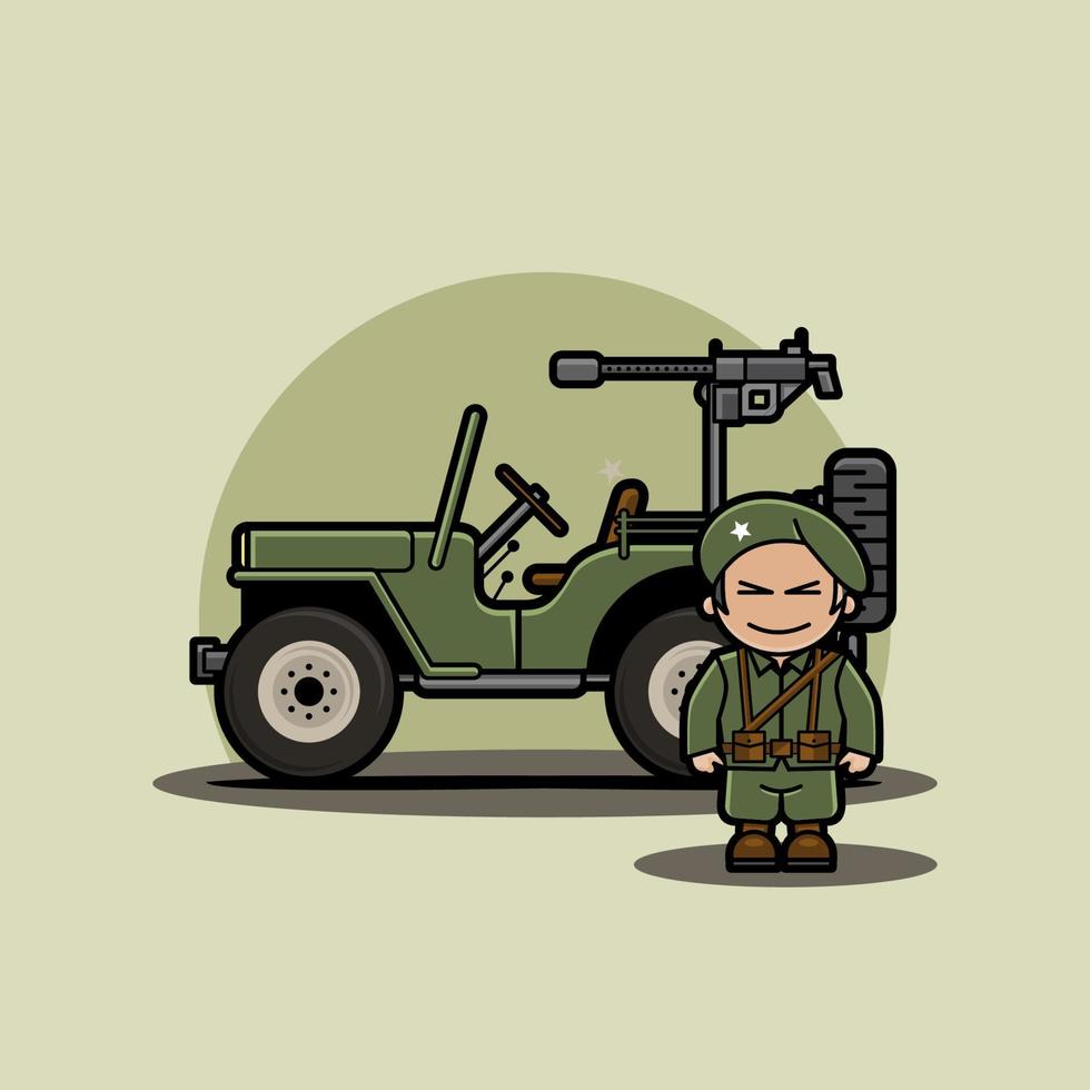 ikoniska söta militärfordon willys jeep med soldat vektor
