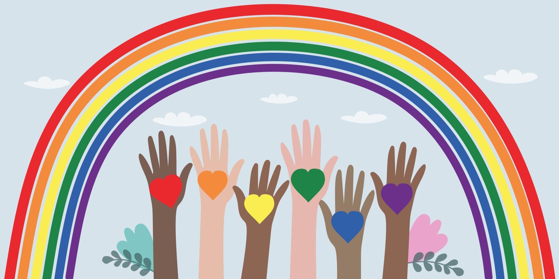 vektorillustration der lgbt-gemeinschaft. hände in verschiedenen farben mit regenbogenherzen. Menschenmenge mit Symbolen bei einer Schwulenparade. Regenbogen am Himmel vektor