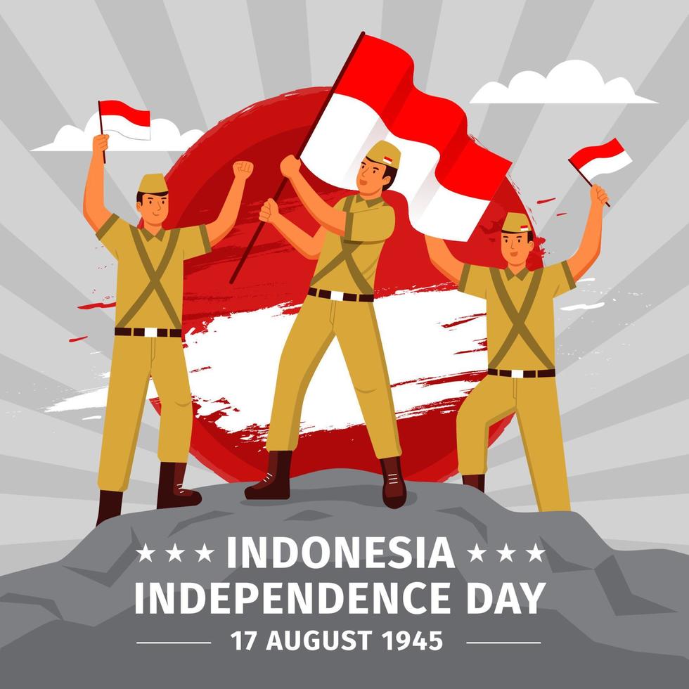 indonesischer unabhängigkeitstag mit soldaten, die indonesische flagge halten vektor