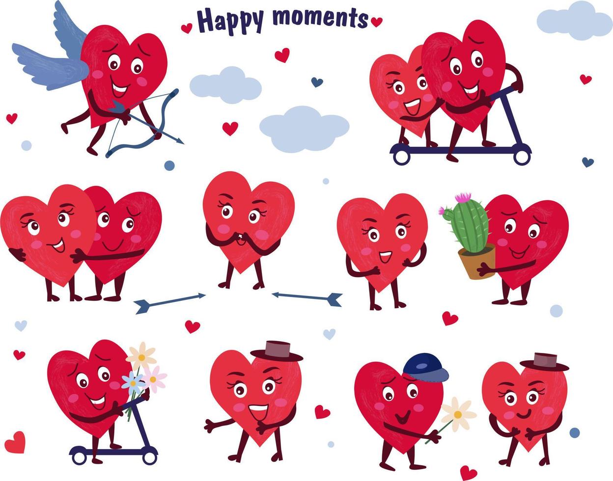 uppsättning av söta vektor tecken av röda hjärtan. element för alla hjärtans dag gratulationskort design. par älskare, de kramas, ger blommor, åker skoter, ler