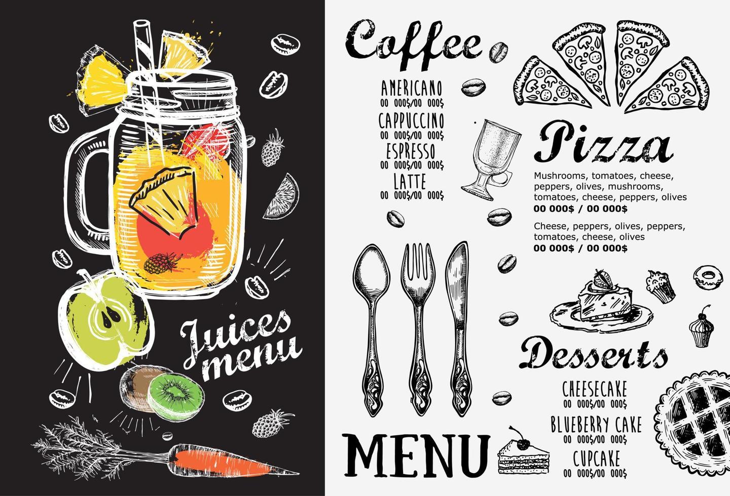 meny juice, smoothie. vektor illustration. handritad stil.