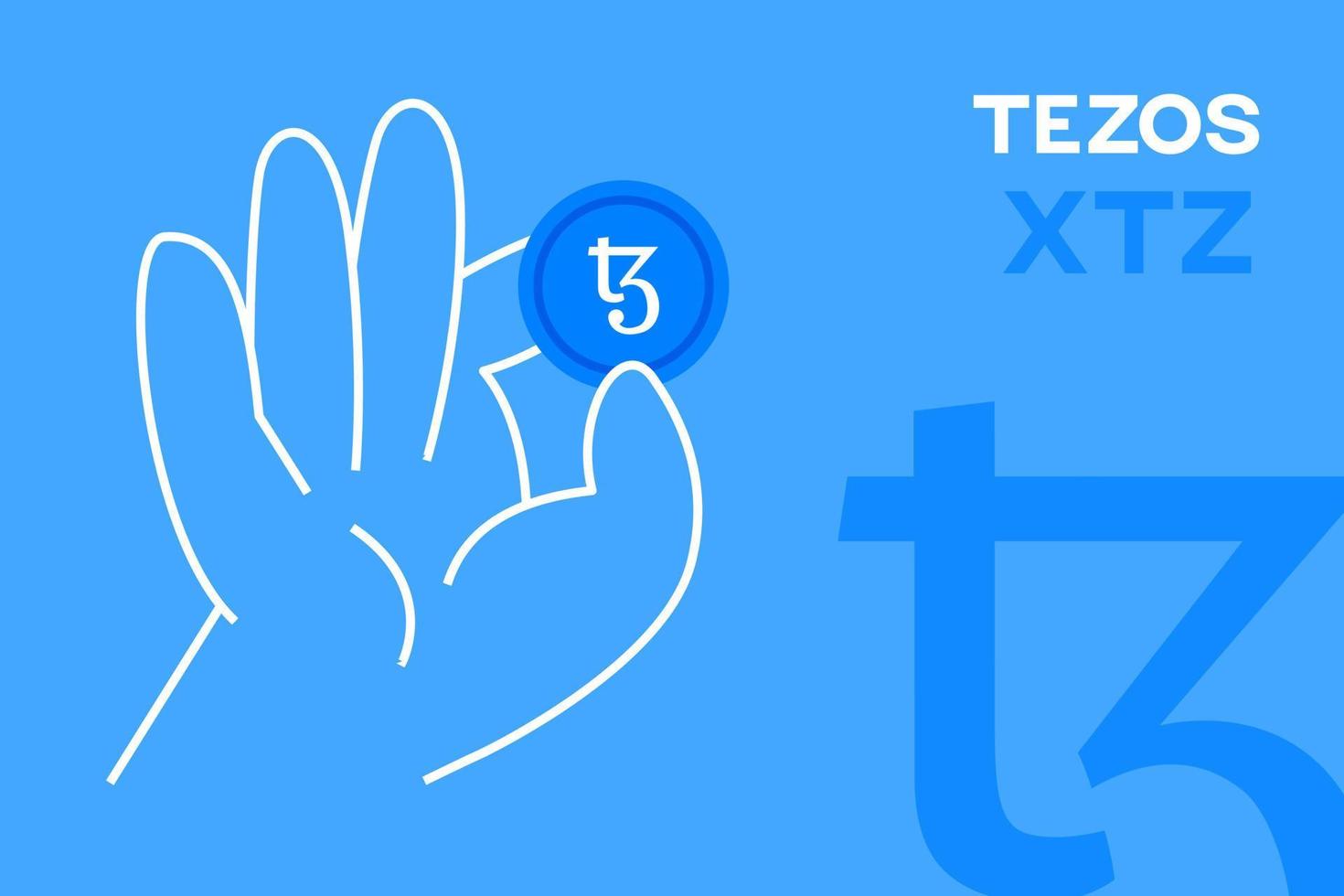 hand, die tezos-münze, bearbeitbarer vektor der kryptowährung hält. xtz-Logo, Krypto-Flat-Design-Banner. xtz-Token auf blauem Hintergrund, für Apps, Web und Animation.