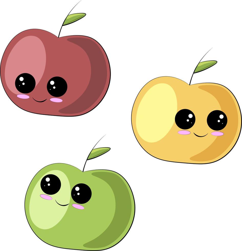 söt tecknad glad röd, grön och gul äpple vektor