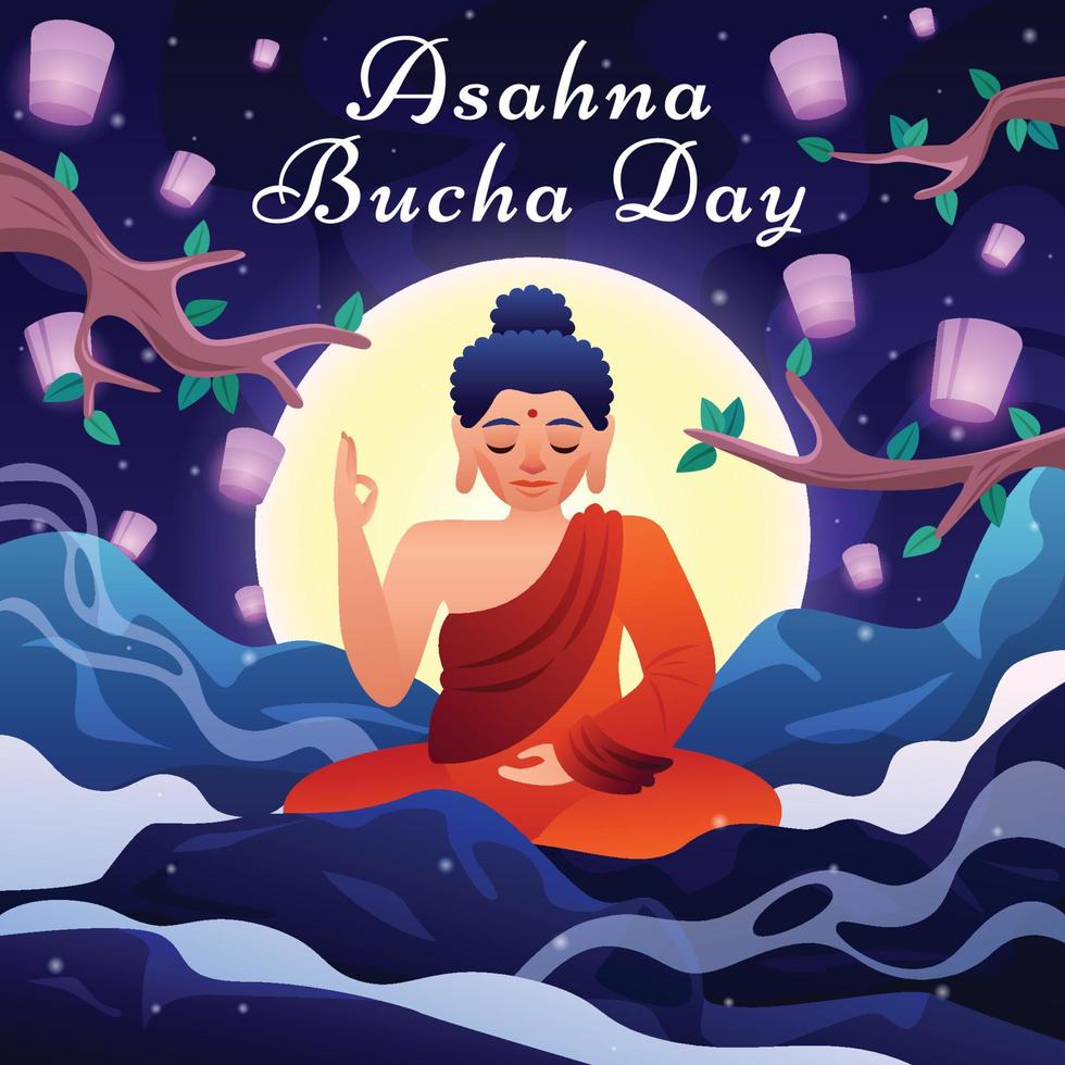asahna bucha-dagen firande med buddha och lykta vektor