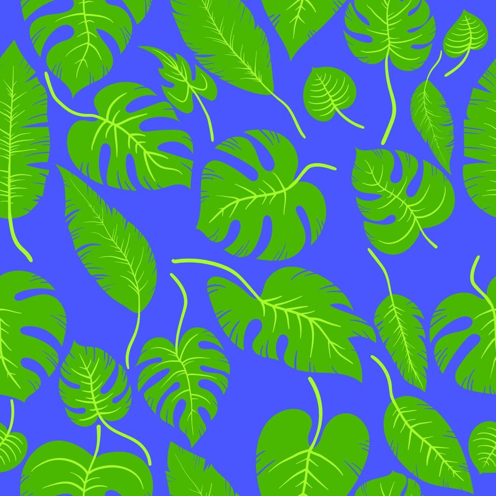 handgezeichnete einfache blattmonster und palmblätter. nahtlose Vektorkarikatur blaue tropische Blätter Dschungelpflanzenmuster in Schichten mit Schatten. Tapete, Verpackung und Hintergrund. vektor