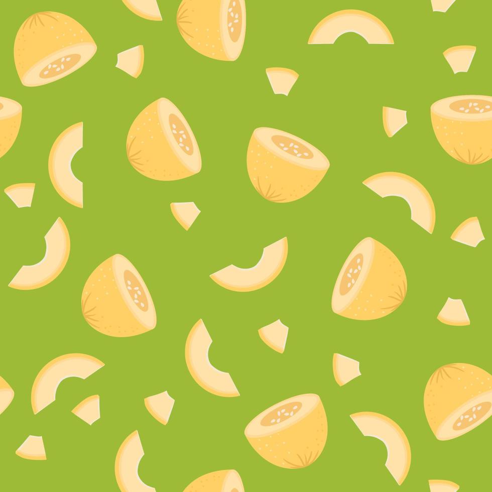 gelbe Melone halbiert und Scheiben mit Samen auf grünem Hintergrund, nahtloses Muster. hand gezeichnete illustration von sommerherbsterntefrüchten. Süßes Essen. vektor