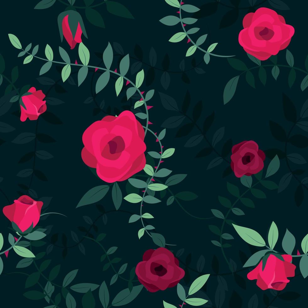 Rosen Kletterpflanze mit Blättern mit Schatten und blühenden roten Blumen. Blumenhintergrunddesign. nahtlose Vektormusterillustration in der Marine, im Grün und im Rot vektor