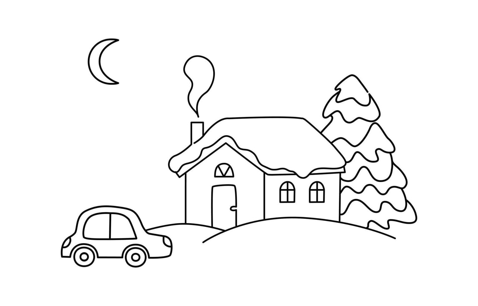 nette weihnachtshausumrissvektorillustration. kleine hütte, auto und tanne unter schnee zum ausmalen für kinder. dekorative Konturelemente für Web, Karten, Poster vektor