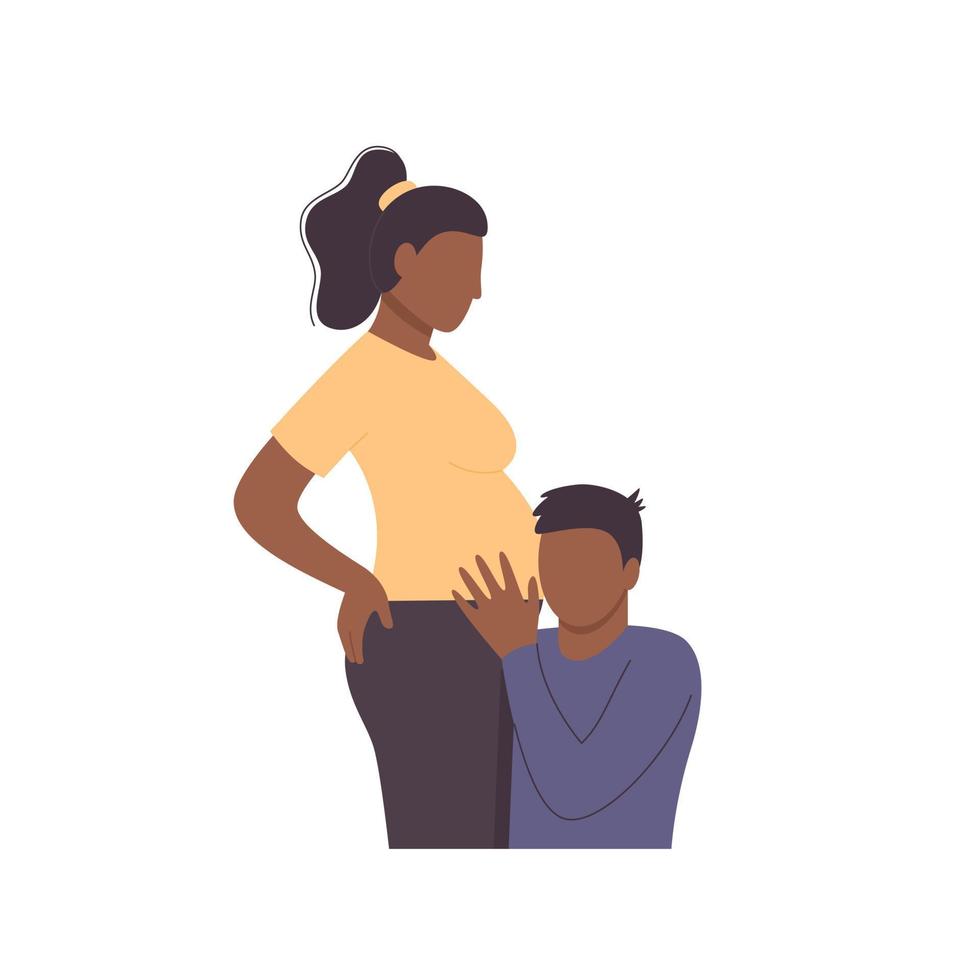 junges afroamerikanisches paar, ehemann, der den bauch seiner schwangeren frau berührt, erwartet baby, hört dem herzschlag des babys zu vektor