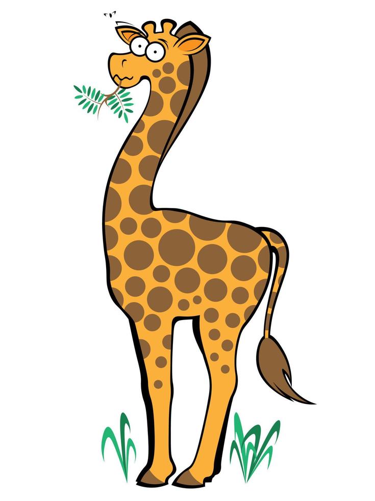 söt tecknad giraff som tuggar på akaciagren vektor