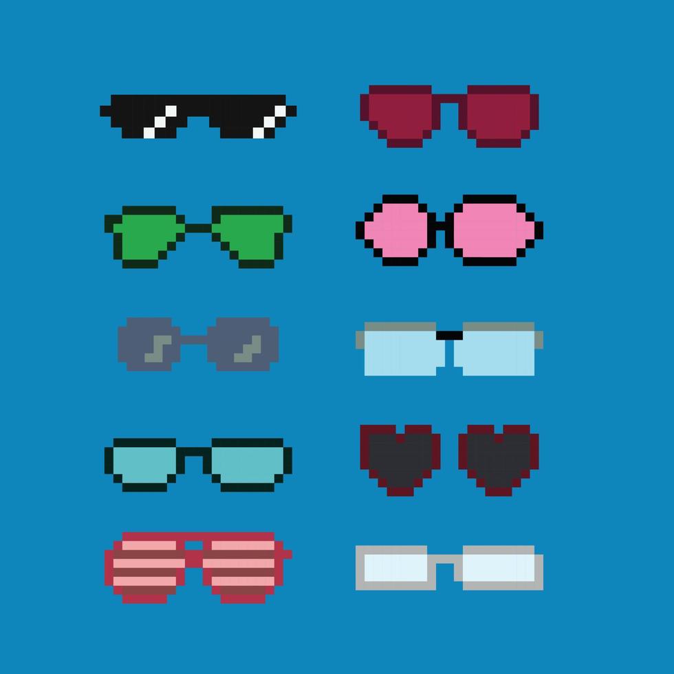Pixel Art 8-Bit-Sonnenbrillen-Sammlungsvektor mit einfarbigem Hintergrund vektor