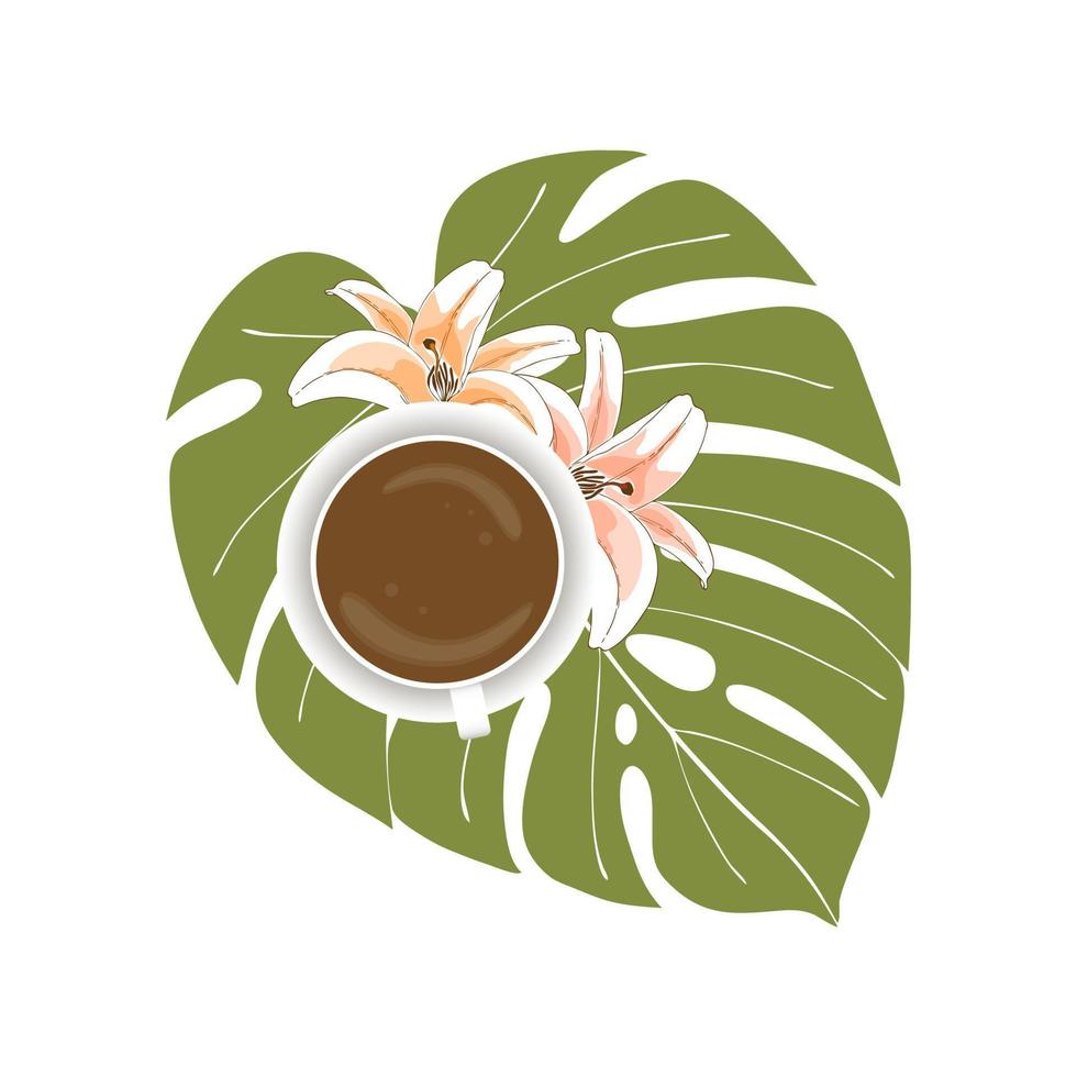 kaffekopp med liljor och monstera blad god morgon frukost isolerade vit bakgrund. vektor