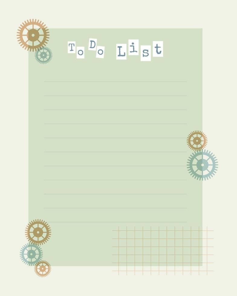 Aufgabenlistenvorlage im Steampunk-Stil mit Zahnrädern, Zahnrädern, für Notizen, Erinnerungen, Pläne, Ideen, Zeitplan. vektor