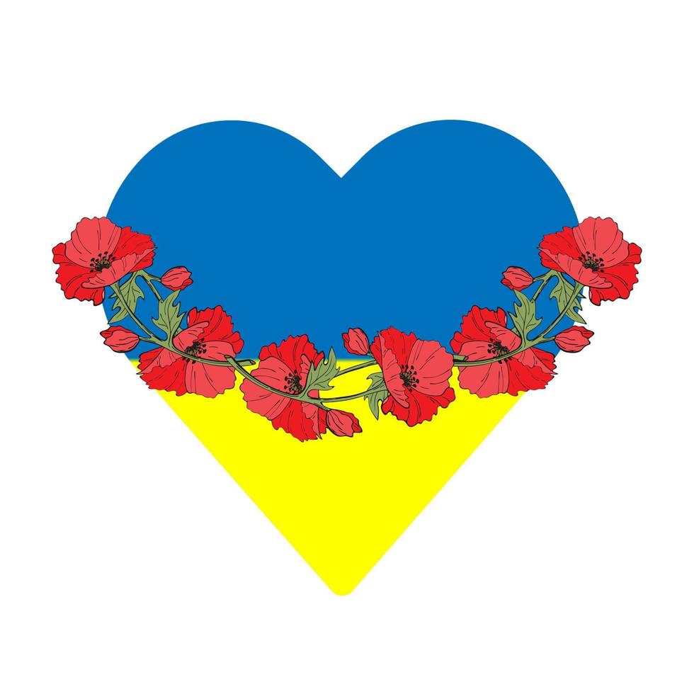 herz ukraine blau gelb hexe rot mohn. kein Krieg. retten sie die ukraine, die flagge der ukraine und einen kranz aus roten mohnblumen vektor