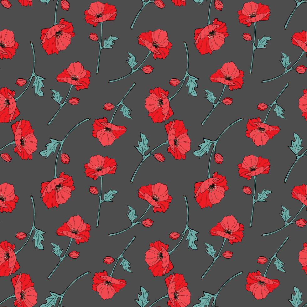 nahtloses Muster grauer Hintergrund mit roten und blauen Blumen und Blättern. mit Mohnblumen drucken. Vektor-Illustration vektor