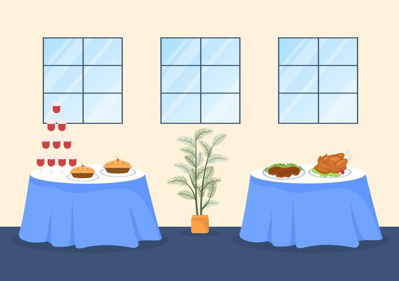 cateringservice med människors händer och ett bord för företagsmöte, banketter bröllop eller fest på café eller restaurang i platt tecknad illustration vektor