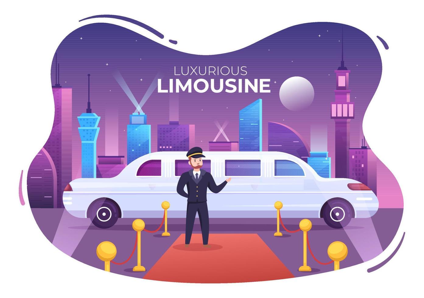 vip limousine bil av röda mattan för kändis superstjärna promenad med natt stads landskapsvy i platt tecknad illustration vektor