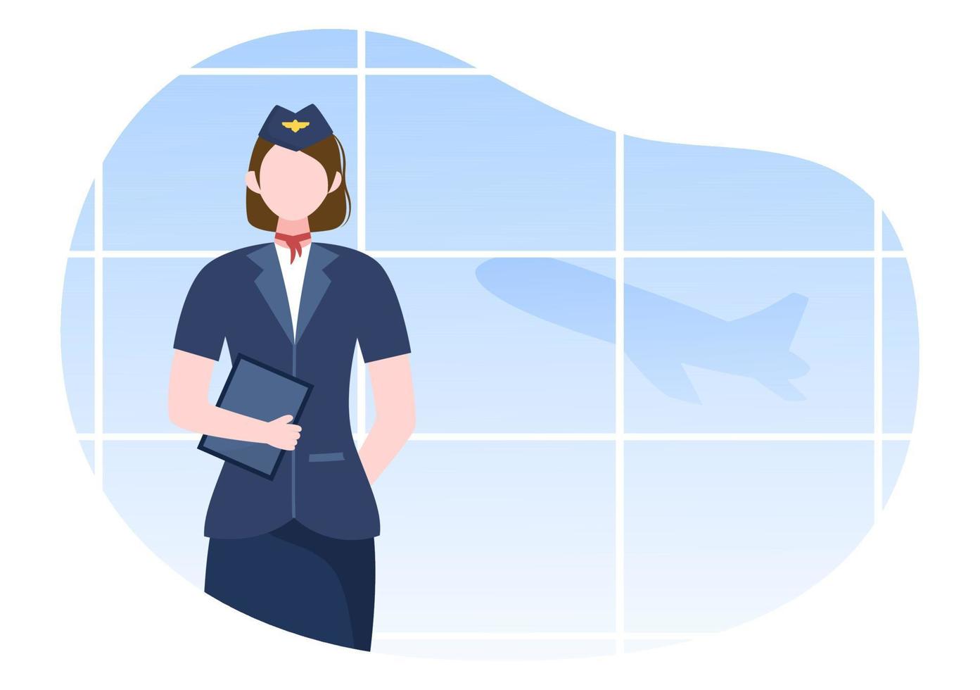 flygvärdinna eller flygvärdinna med blå uniform och bära en resväska på flygplatsen i tecknad vektorillustration vektor