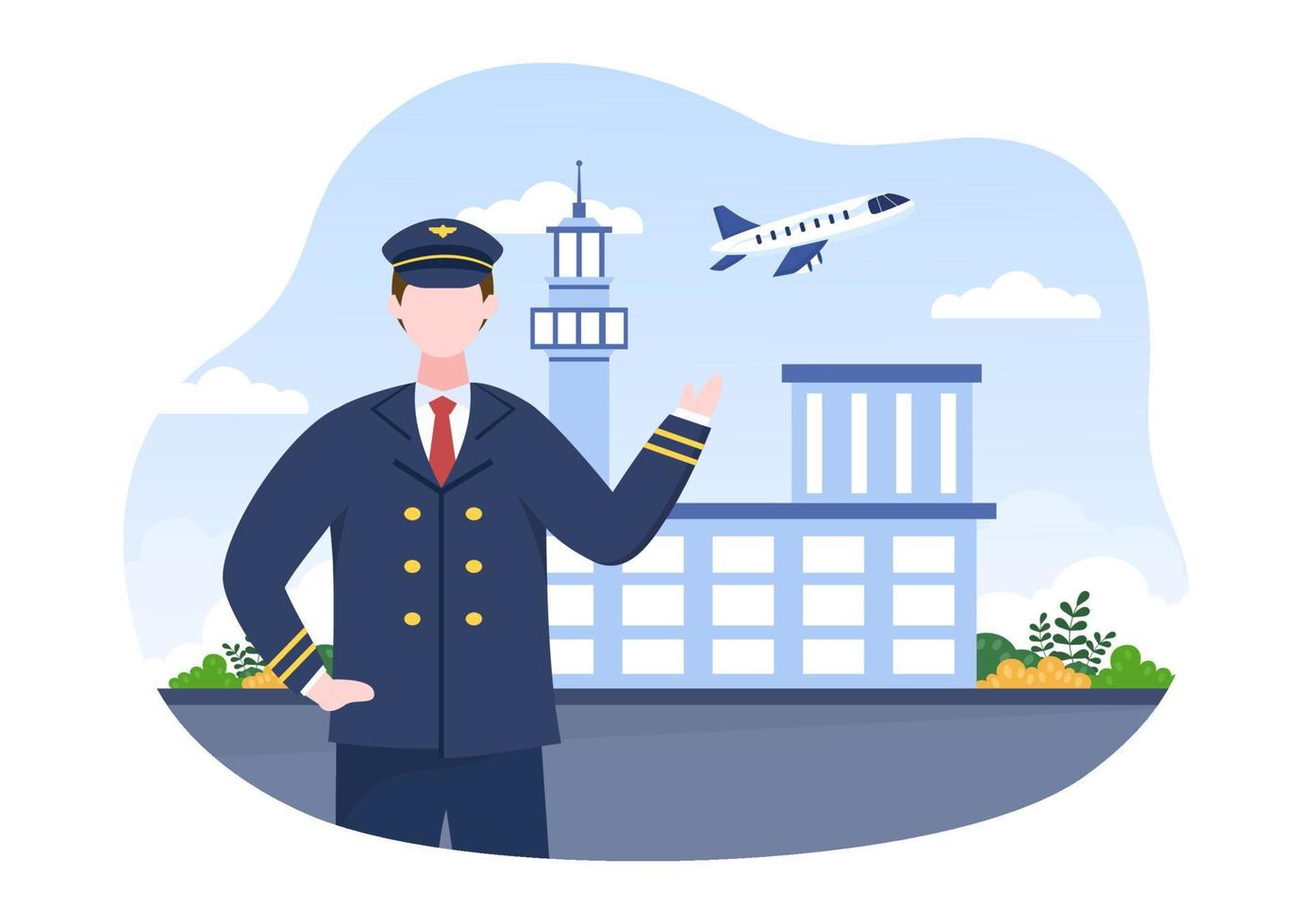 Pilotkarikaturvektorillustration mit Hintergrunddesign des Flugzeugs, der Stewardess, der Stadt oder des Flughafens vektor