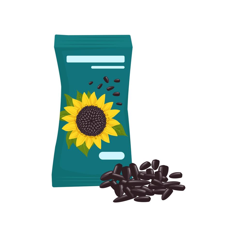 förpackning med svarta solrosfrön i skal. fet hälsosam mat, läckra snacks, koka nötter. platt vektor illustration