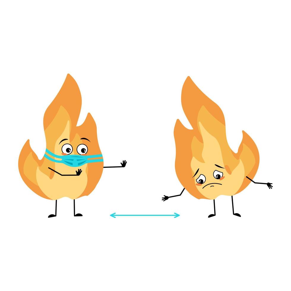 söt flamma karaktär med ansikte i medicinsk mask hålla avstånd, armar och ben. eld man med omsorg uttryck, varm orange person. platt vektor illustration