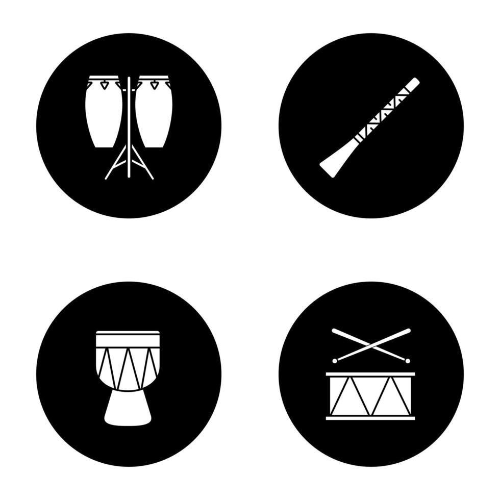 musikinstrument glyfikoner set. conga, didgeridoo, kendang, trumma. vektor vita silhuetter illustrationer i svarta cirklar