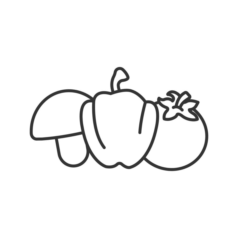 grönsaker linjär ikon. tunn linje illustration. tomat, svamp, paprika. kontur symbol. vektor isolerade ritning