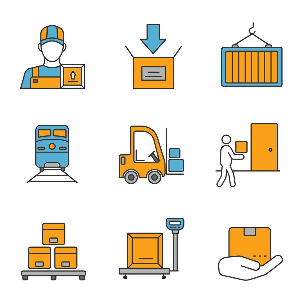 Farbsymbole für die Frachtschifffahrt festgelegt. Lieferservice. Lader, Paketverpackung, intermodaler Container, Zug, Gabelstapler, Kurier, Lager, Waage, Frachtversicherung. isolierte Vektorgrafiken vektor