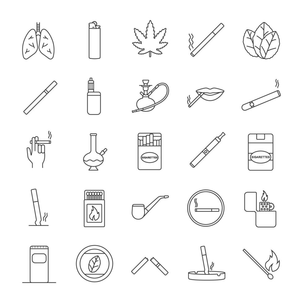 rökning linjära ikoner set. cigaretter, rökutrustning, cannabiskultur. tunn linje kontur symboler. isolerade vektor kontur illustrationer