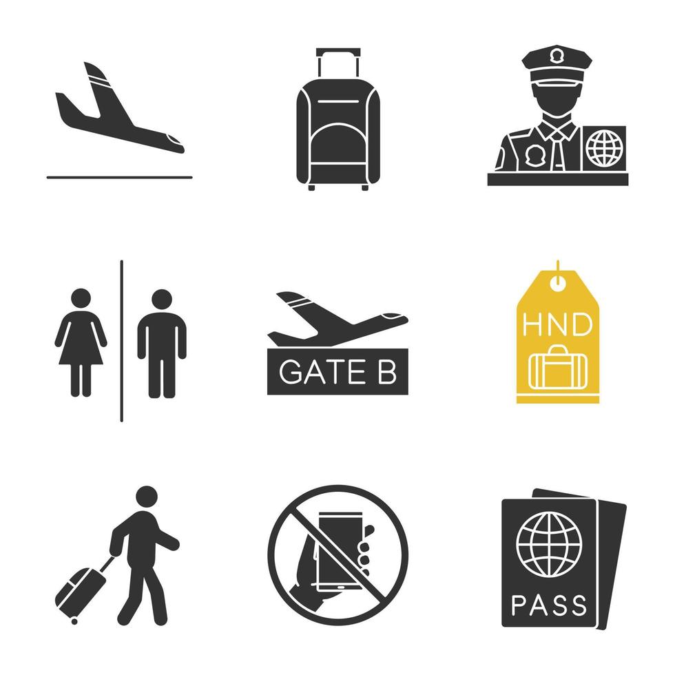 Flughafenservice-Glyphen-Symbole gesetzt. Flugzeugankunft, Gepäck, Passkontrolleur, WC, Flughafentor, Gepäckanhänger, Passagier, Telefonverbot, Reisepass. Silhouettensymbol. vektor isolierte illustration