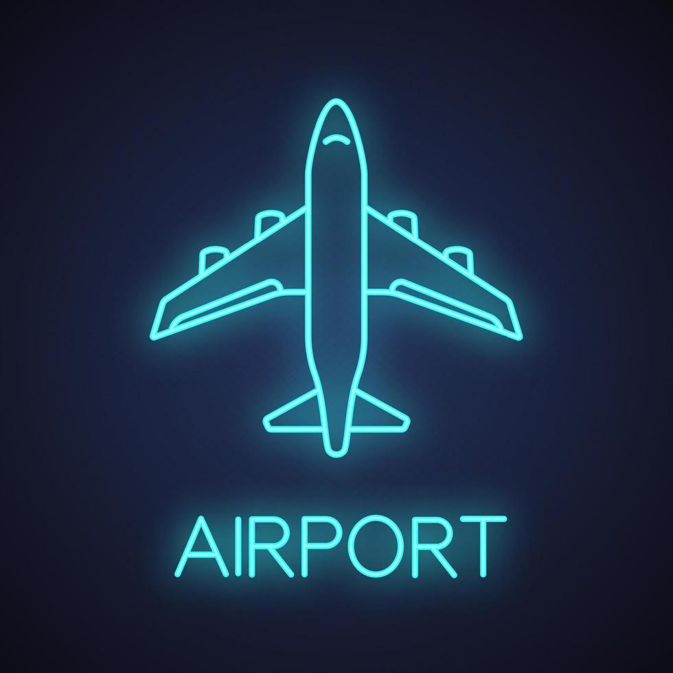 flygplan neonljus ikon. trafikflygplan. plan. flygplats glödande tecken. vektor isolerade illustration