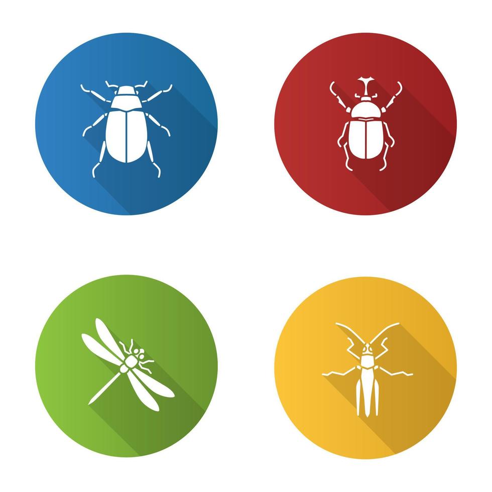 insekter platt design lång skugga glyf ikoner set. chafer, hercules skalbagge, trollslända, gräshoppa. vektor siluett illustration
