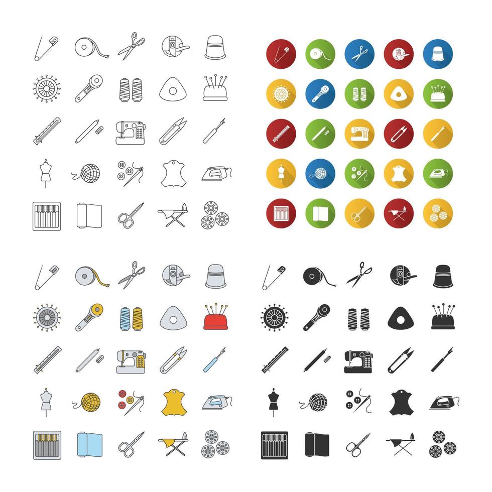 Schneiderei-Symbole gesetzt. Nähen. Nadeln, Stecknadeln, Fäden, Stoffe, Knöpfe. lineares, flaches Design, Farb- und Glyphenstile. isolierte Vektorgrafiken vektor