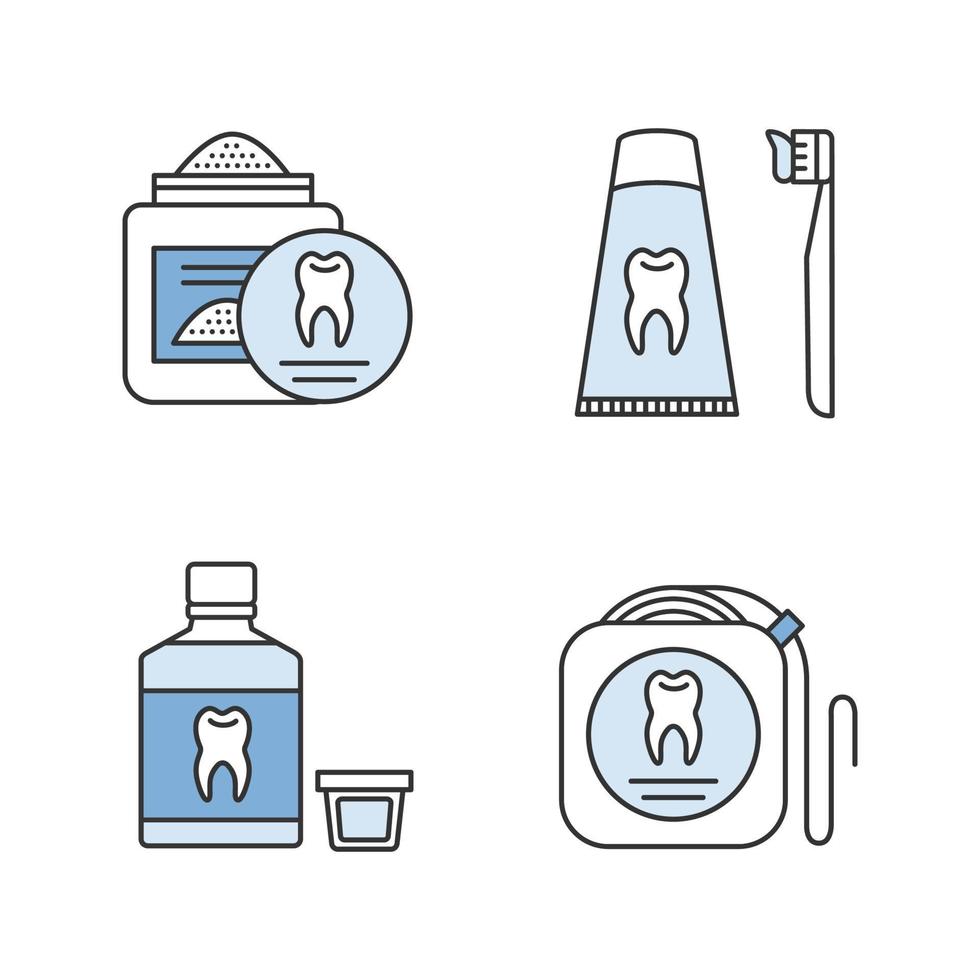 tandvård färg ikoner set. stomatologi. tandpulver, tandtråd, munvatten, tandkräm och tandborste. isolerade vektorillustrationer vektor