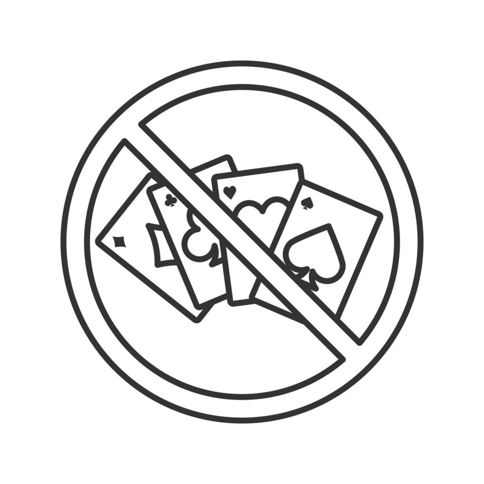 Verbotenes Schild mit linearem Symbol für Spielkarten. Stopp-Symbol. dünne Liniendarstellung. kein Spielverbot. Kontursymbol. Vektor isoliert Umrisszeichnung