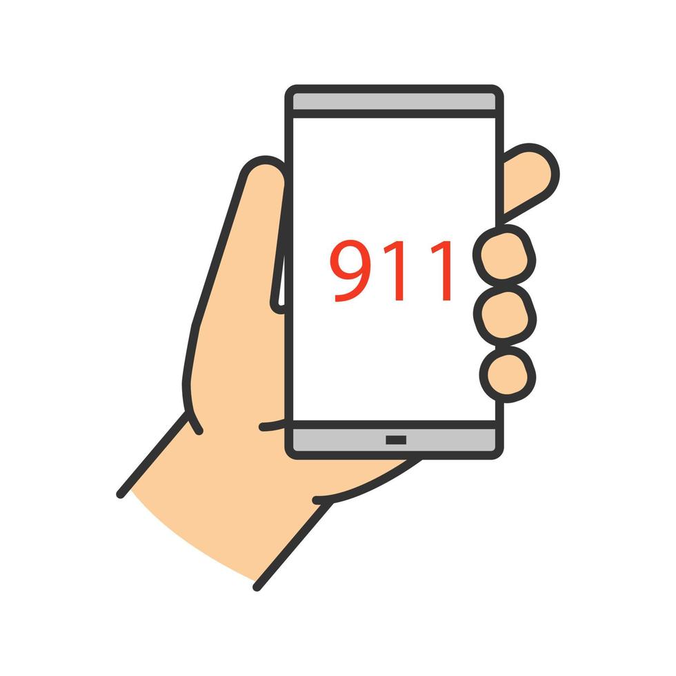 nödsamtal färgikon. hand som håller smartphone med 911-nummer. isolerade vektor illustration