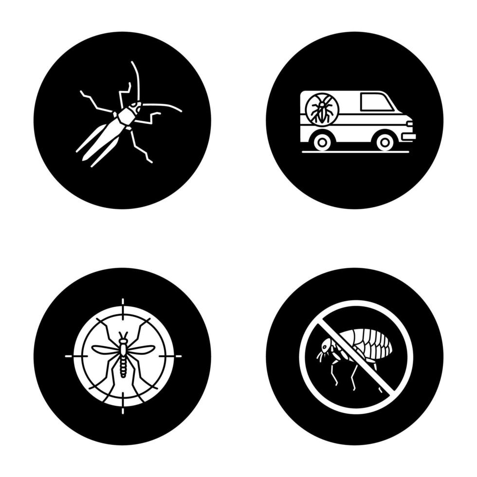 Glyphensymbole zur Schädlingsbekämpfung festgelegt. Heuschrecke, Kammerjägerauto, Mückenziel, Flöhe stoppen. Vektor weiße Silhouetten Illustrationen in schwarzen Kreisen