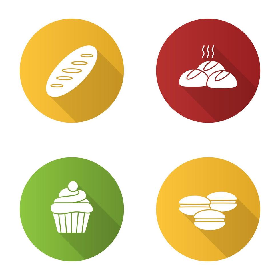 Bäckerei flaches Design lange Schatten-Glyphen-Symbole gesetzt. Brotlaib, Brötchen, Cupcake, Macarons. Vektor-Silhouette-Illustration vektor