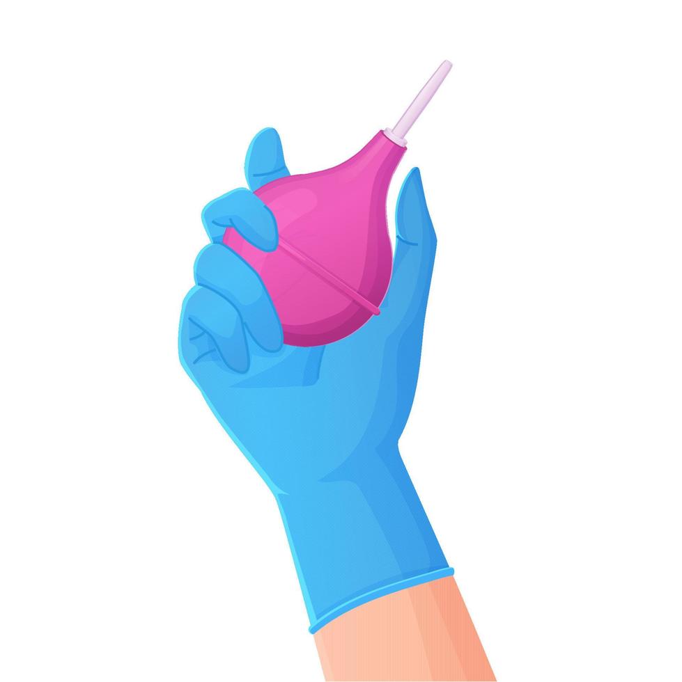 Hand in einem blau leuchtenden rosafarbenen Gummieinlauf oder Klistier. medizinisches reinigungskörper-entgiftungswerkzeug. Illustration im Cartoon-Stil isoliert auf weißem Hintergrund. vektor
