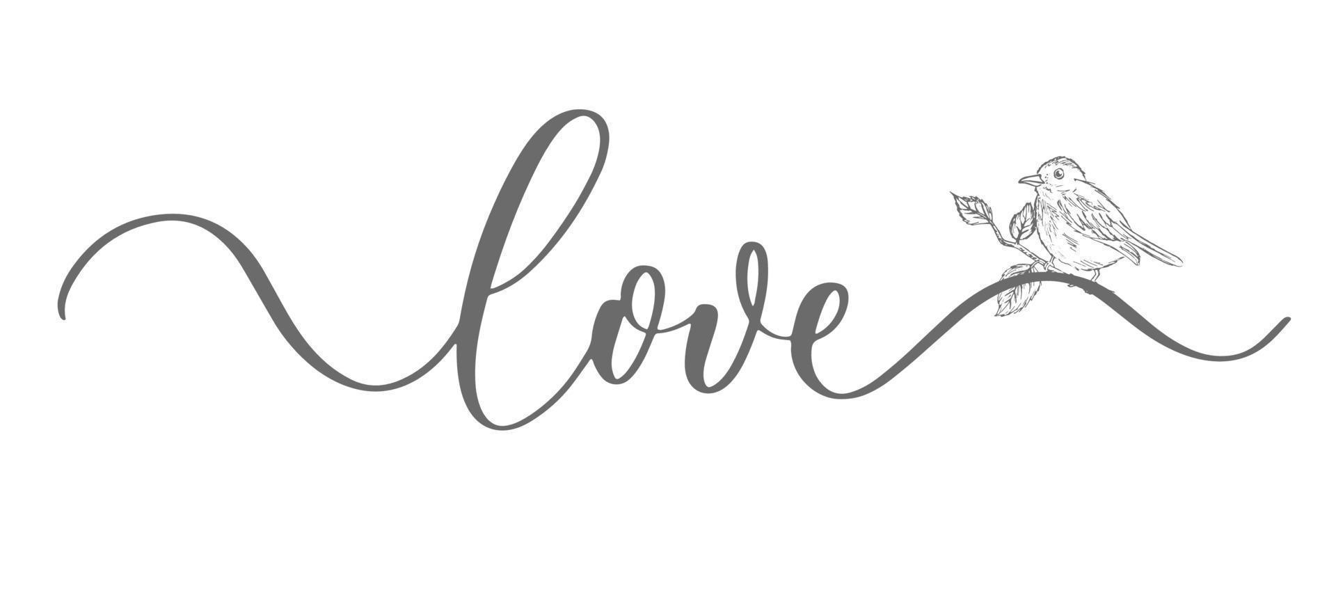kärlek vektor kalligrafisk inskription med skiss fågel. minimalistisk hand bokstäver illustration.