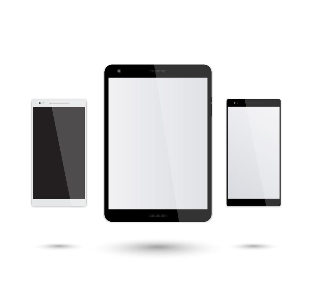 Tablet- und Smartphone-Vektormodell auf weißem, silbernem und schwarzem Smartphone, modernes schwarzes Tablet, Vektorillustration vektor