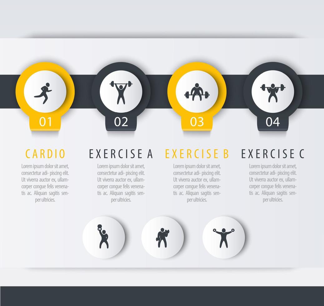 gymträning, träning, 4 steg infografisk mall, med fitnessträningsikoner vektor