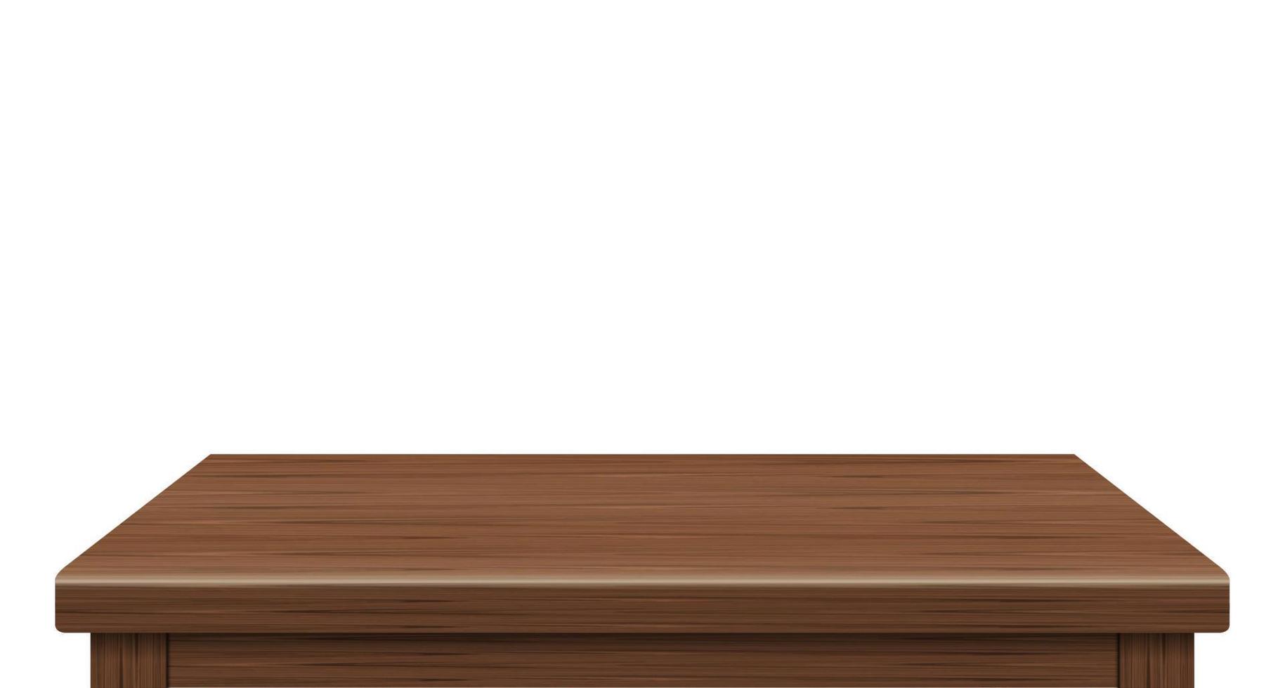 Seitenansicht des leeren Holztischs mit freiem Speicherplatz für Ihr Copy-Branding. Wird für Display- oder Montageprodukte verwendet. Vintage-Stil-Konzept. Holzbraune realistische Oberfläche isoliert auf weißem Hintergrund. 3D-Vektor. vektor