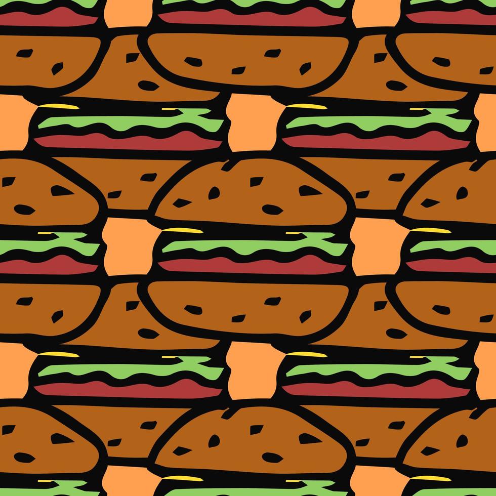 seamless mönster med hamburgare ikoner. färgad hamburgare bakgrund. doodle vektor hamburgare illustration