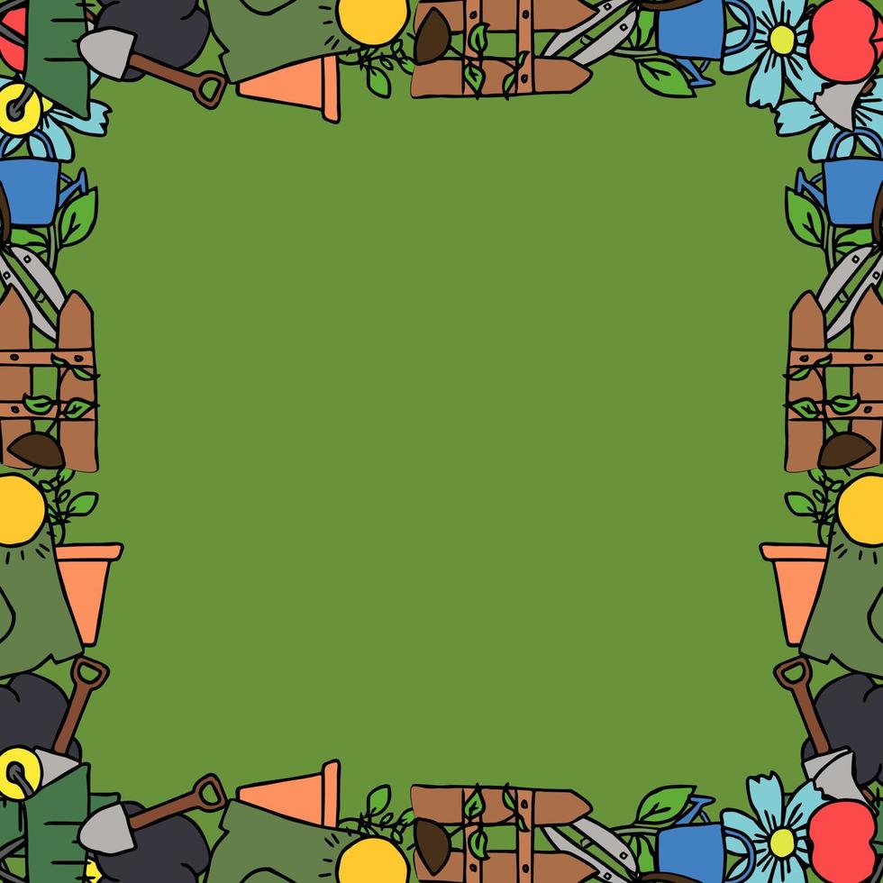 farbige Vektorgartensymbole mit Platz für Text. Doodle-Vektorrahmen mit Gartensymbolen vektor