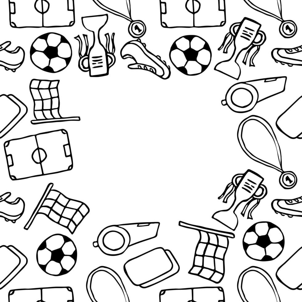 Nahtloses Fußballmuster mit Platz für Text. Doodle-Fußball-Illustration. Hintergrund der Fußballweltmeisterschaft vektor