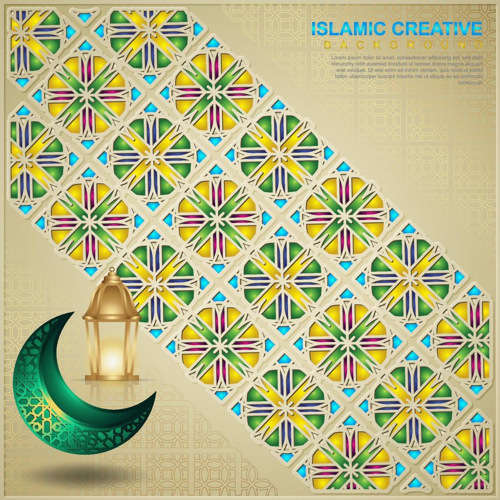 islamisk design gratulationskort bakgrundsmall med dekorativa färgglada mosaik, halvmåne och islamisk lykta vektor