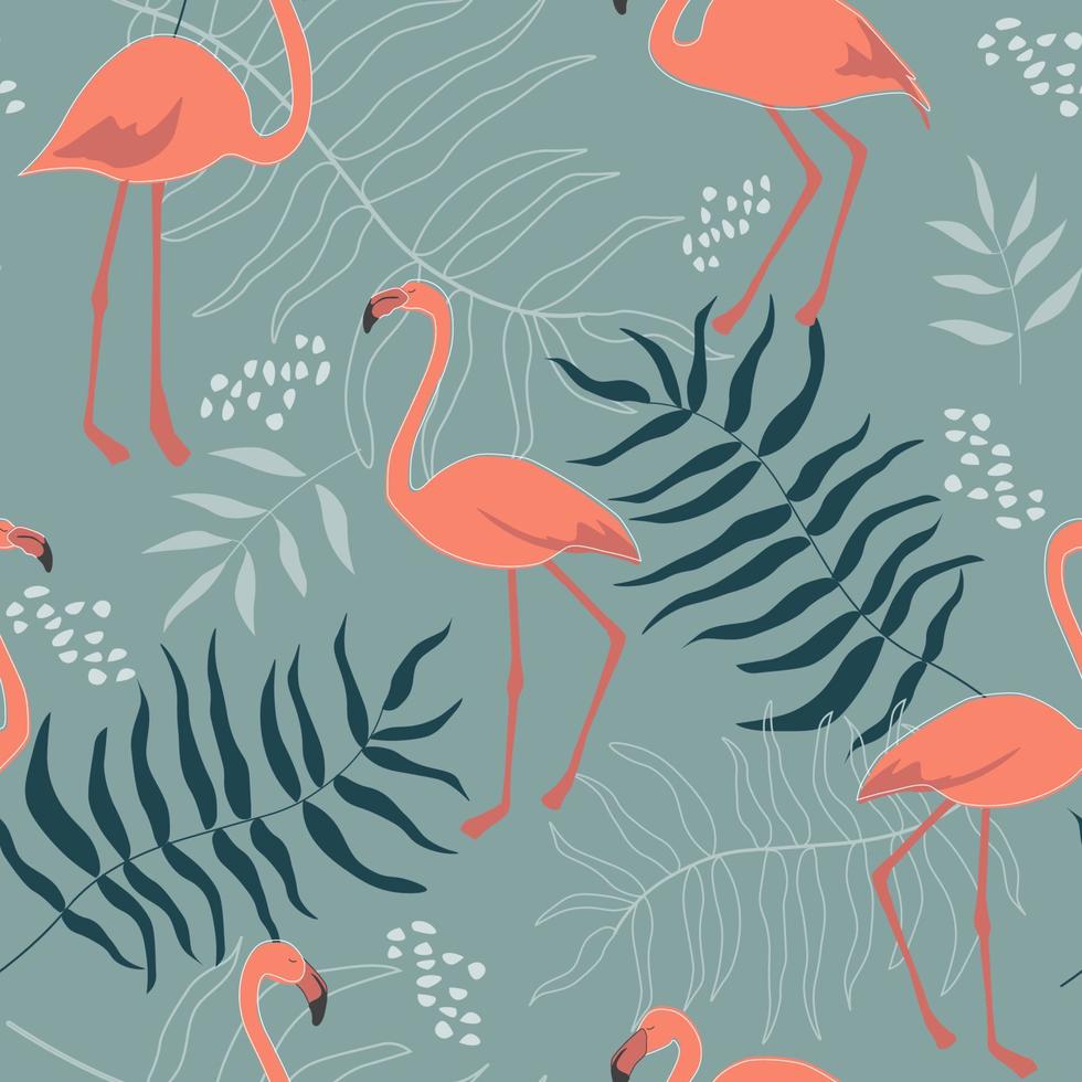 nahtloses muster mit flamingos, tropischen palmblättern, monstera. sommer abstrakte verzierung. Vektorgrafiken. vektor